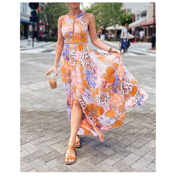 Summer Halter Neck Floral Print Backless Split Beach Party Maxi Dress,Tangerine - Picture 5 of 5